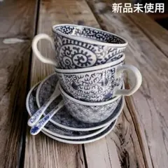 染付け カップ&ソーサー 蛸唐草 卍格子 新品未使用 唐草模様　藍染　ビンテージ