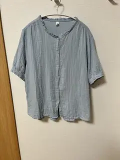 新品★ライトブルー 半袖ブラウス　フリルネック　コットン100% L