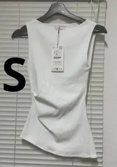 ZARA プリーツ入りアシンメトリーTシャツ ホワイト S【新品タグ付き】
