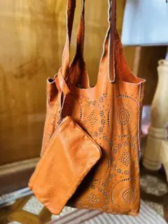TOMORROWLANDオレンジレザー トートバッグ＆ポーチ　レザークラフト