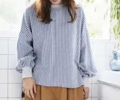 サニークラウズ　ゆるっとストライプトップス　ブラウス　長袖　M ナチュラル