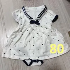 80cmドット柄セーラー襟ワンピースロンパース