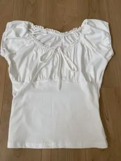 ホワイト フロントリボン パフスリーブTシャツ L