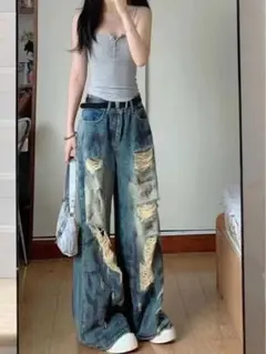 ダメージデニム✭ロングパンツ★ゆったり女子会・デートコーデに