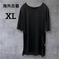美品✨海外古着【XL】黒 Vネック 半袖チュニック 無地