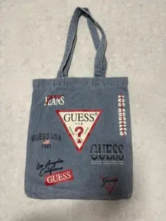 GUESS デニムトートバッグ ロゴプリント 内ポケット付き