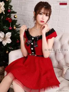 ROBE de FLEURS ラメツィードリボンオフショルミニフレアキャバドレス