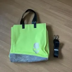 縦長トートバッグ　シルバー蛍光イエローグリーン　スカル柄
