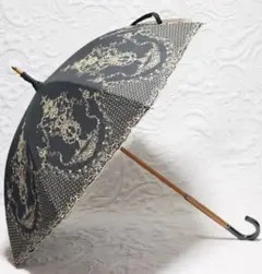 新品タグ付き【晴雨兼用 長傘】麻混 繊細 高級感 豪華刺繍 木製 雨傘 日傘 黒