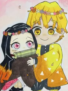 鬼滅の刃　善逸　ねずこ　イラスト　ファンアート　色紙　手書きイラスト