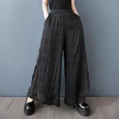 着痩せ オシャレ ワイドパンツ ブラック 切り替 ハイウエスト カジュアルパンツ