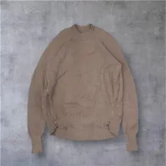 ピンクベージュ ニット リブ編み 長袖セーター サイドジップ クルーネック