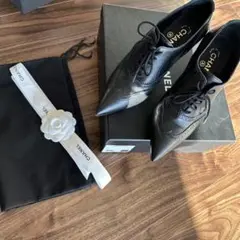 正規品 シャネル CHANEL レースアップ ブーツ 38ハーフ ブラック
