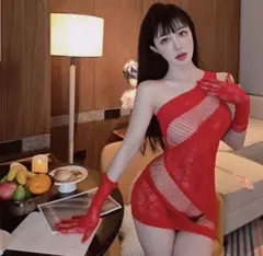新発売手袋付き赤色コスプレ網セクシーランジェリーコスプレミニワンピース