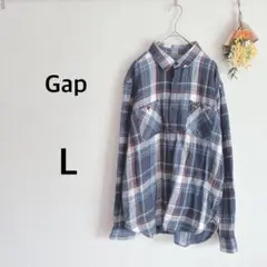 ギャップ　Gap　ネルシャツ　長袖　ブルー系　L　胸ポケット　カジュアル