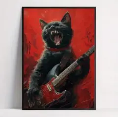 ネコポスター　ロック　ギター黒猫　モダン　ペット　アート　北欧　レトロ　A3