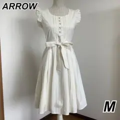 【ARROW】肩フリルストライプワンピース［Mサイズ］レモンイエロー　リボン