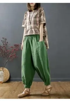 サルエルパンツ　綿麻　ガウチョパンツ　リネンパンツ　９分丈　M　新品
