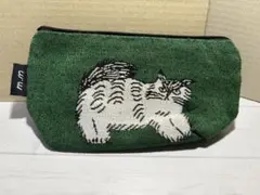 【訳あり】マツオミユキ 猫刺繍 ポーチ 緑色