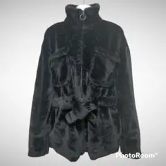 2077【Forever21】フェイクファーベロアコートジャケット(M)黒