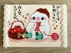【原画】白文鳥のアクリル画/ぷりぷり編み物と、りんごのかご