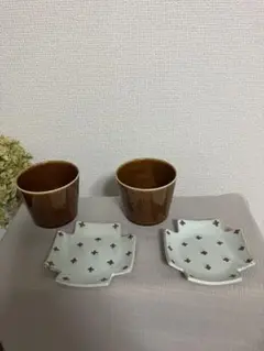 ブラウン陶器カップと皿セット　ユズキカケラ