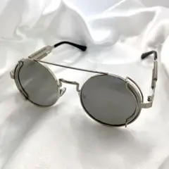 【匿名配送】 丸型 ラウンド サングラス 眼鏡 グレー × シルバー