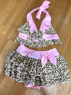 110cm ヒョウ柄 セパレート水着 女の子用　ビキニ　フリフリ　ピンク
