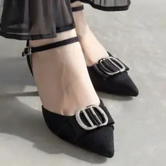RANDA Lサイズ ビジューパーツストラップパンプス ブラック サンダル