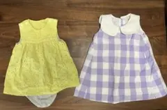 プティマイン & コンビミニ　ノースリーブワンピース 紫チェック　イエローレース