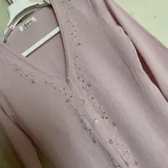 ピンク スパンコール付きVネックカーディガンMサイズ夏物ブラウスシャツ長袖