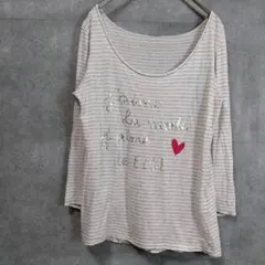 ストライプ カットソー Tシャツ 深U字ネック 7分袖 ハート M