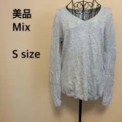 【美品】Mix/Vネックトップス/グレー/コットン/綿/シンプル/無地