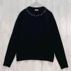 グラシア　ビジュー付きクルーネック ケーブル編みニット　黒　M