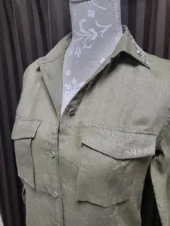 ✨マカフィー✨お洒落襟ビジュー付き麻100%シャツ　38　カーキ