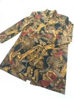 ヴィンテージ 総柄 ロングシャツ 楽器柄 サックス レトロ 古着 ユニセックス