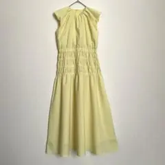 オペークドットクリップ　ロングワンピース　ノースリーブ　イエロー　ゴム