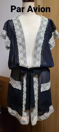 新品 Par Avion パラビオン シフォンレースローブ ジレ ロング リボン