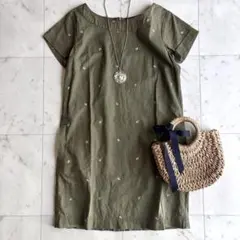 美品 アーノルドパーマー ロゴ刺繍半袖綿リネン混チュニックシャツ 2 カーキ