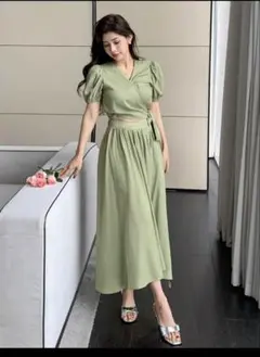 VネックパフスリーブAラインスカート　セットアップ　サマードレス