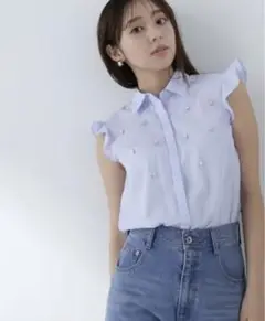 ビジュー付フリルスリーブブラウス NATURAL BEAUTY BASIC