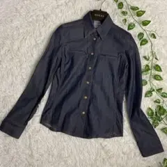 極美品 グッチ GUCCI デニムシャツ 金ボタン ロゴプレート 38