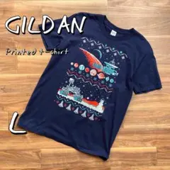 【美品】GILDANギルダン ファミコン風エイリアンXmas TシャツLネイビー