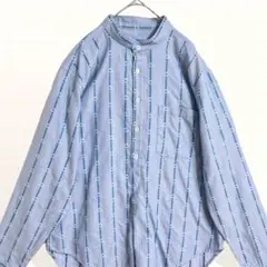 ❤️美品 ボタニカル フラワー ストライプ ライトブルー バンドカラー長袖シャツ