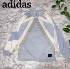 【美品】adidasアディダス 爽やか襟付き ロンＴ M ブルーホワイトグレー