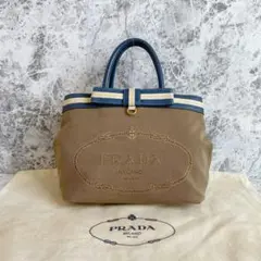 極美品 PRADA プラダ ハンドバッグ ジャガード キャンバス レザー ブルー