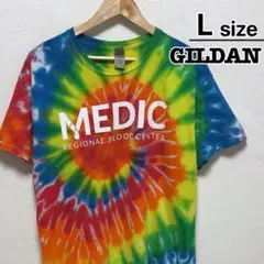 USA古着　GILDAN　Tシャツ　L　タイダイ柄　レインボー　MEDIC　ロゴ