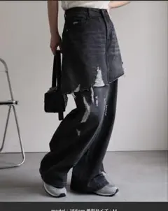 apretro スカートレイヤードダメージデニムパンツ　L