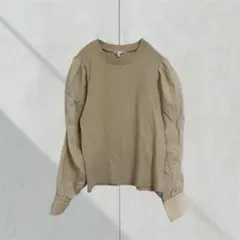 T270【一点モノ】異素材カットソー　長袖　パフスリーブ　クルーネック　Ｌ　大人