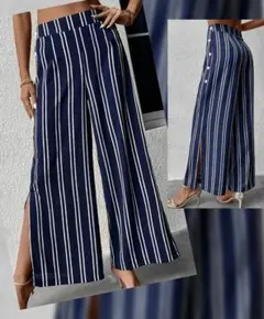 レディース/オーバーサイズ・ワイドパンツ【ストライプ・紺✕白】新品